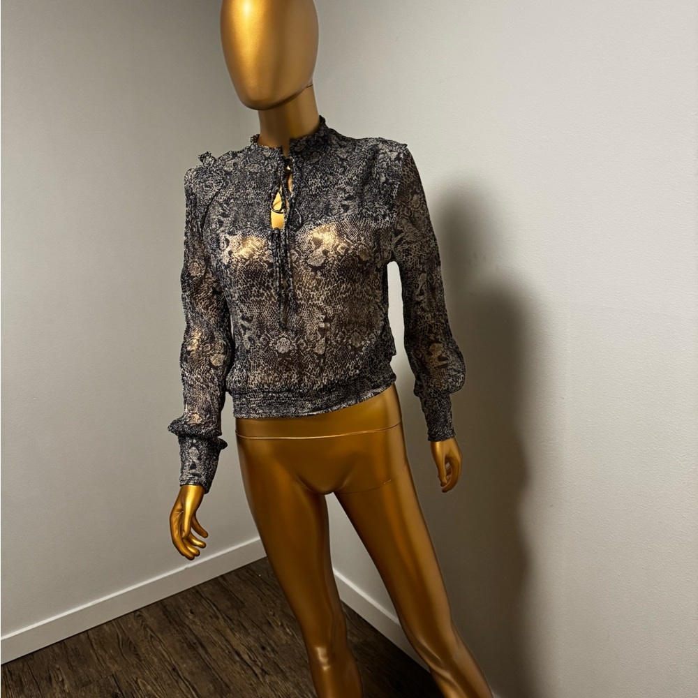 Free People Black and Gray Patterned Blouse